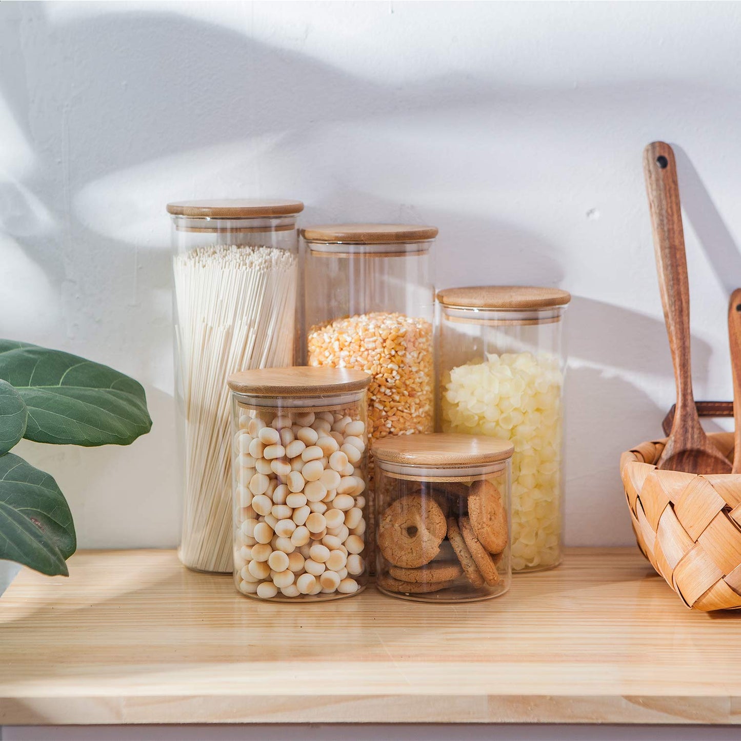 Glass Food Storage Jars with Bamboo Lids (Set of 5)
