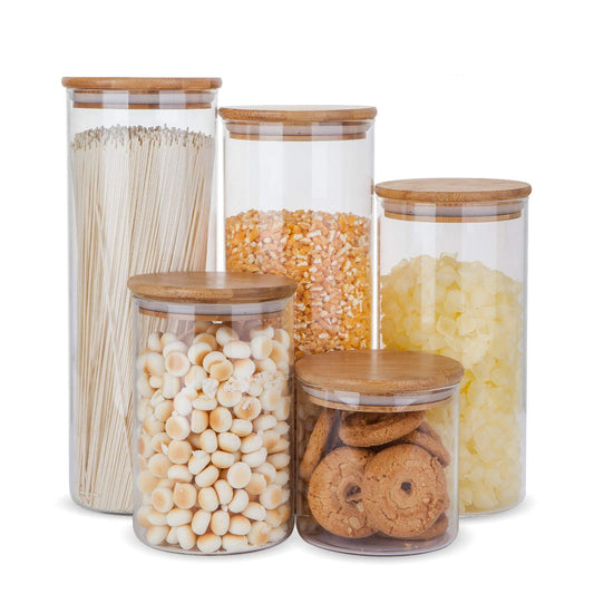 Glass Food Storage Jars with Bamboo Lids (Set of 5)